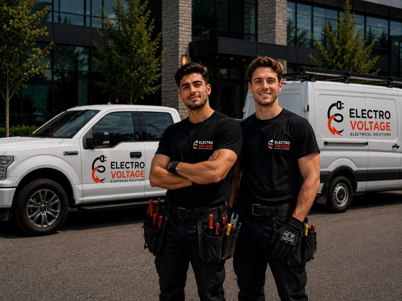 Electrovoltage licensed electricians in front of their service vehicles