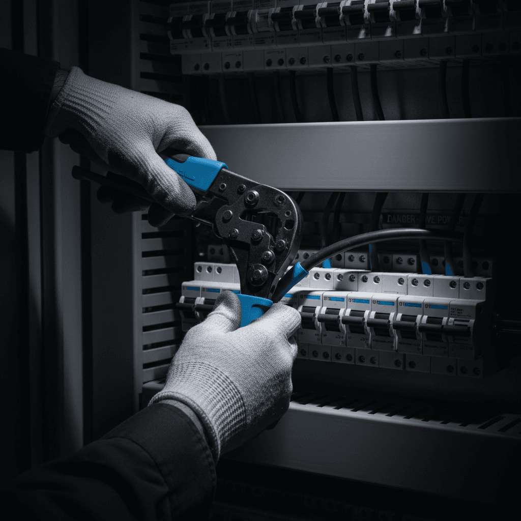 Electrician working on an electrical panel