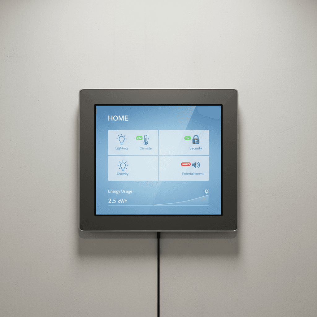 Modern smart home automation system with a touch panel on a wall