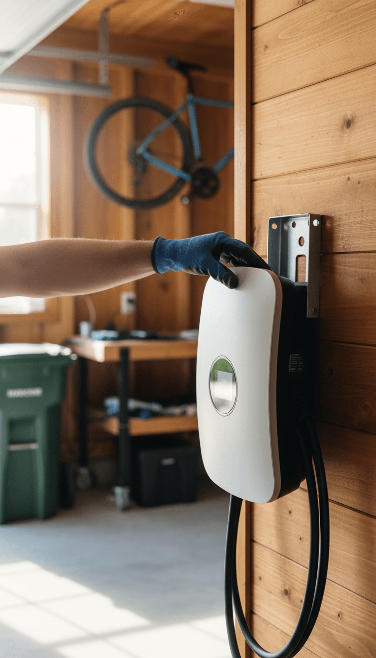 EV charger installation on a garage wall