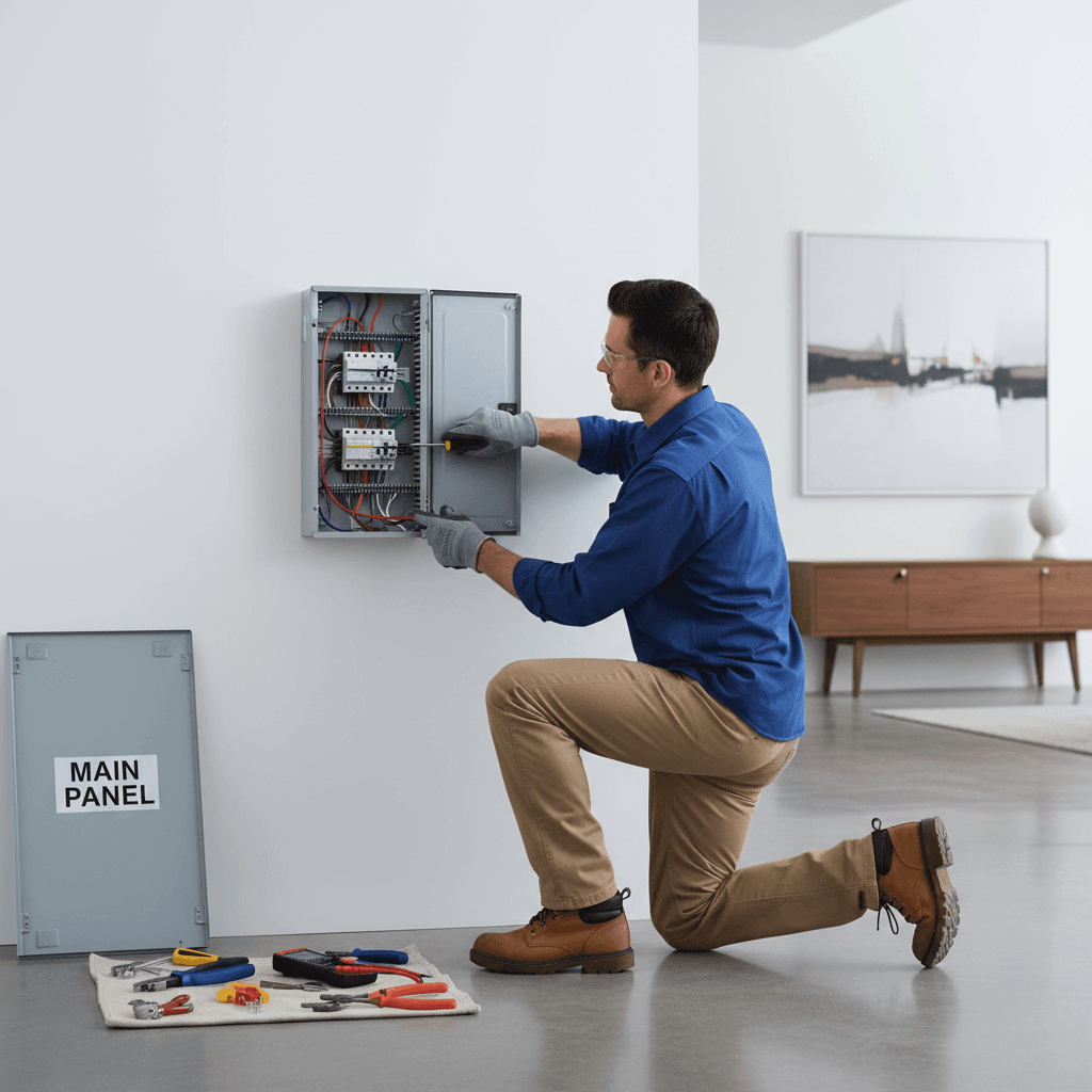 Electrician installing residential electrical panel