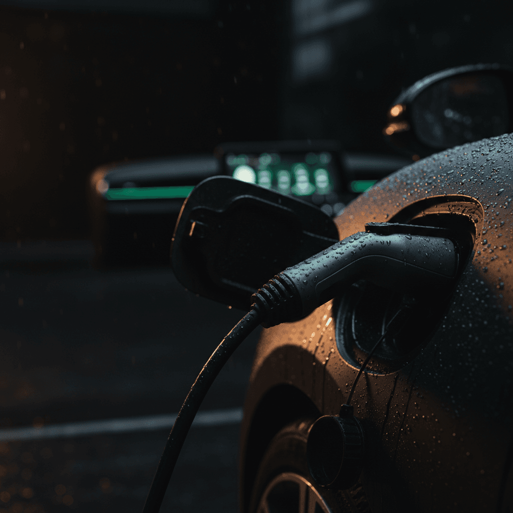 Close-up of charging cable plugged into an EV