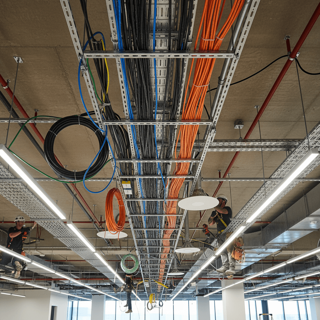 Commercial electrical wiring work in an office ceiling space