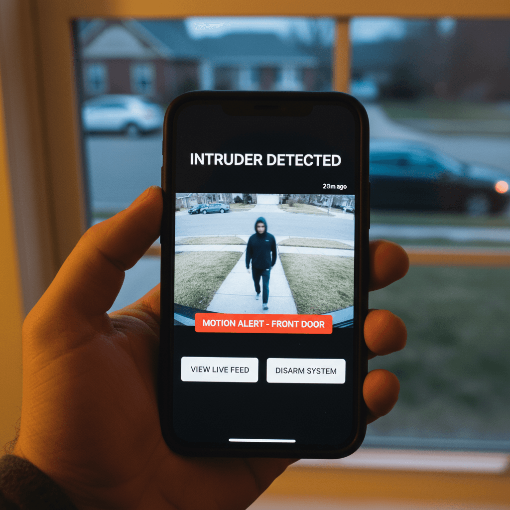 Smartphone showing a security camera alert