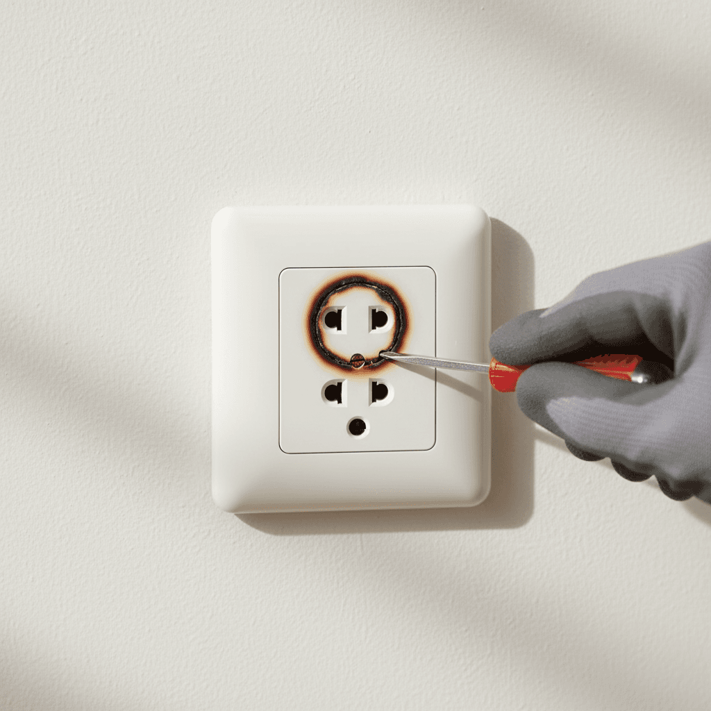 Burnt outlet on a white wall with a screwdriver
