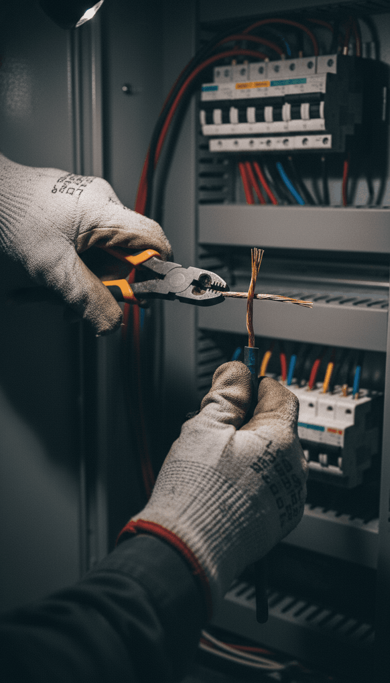 Electrician's hands working inside a commercial electrical panel