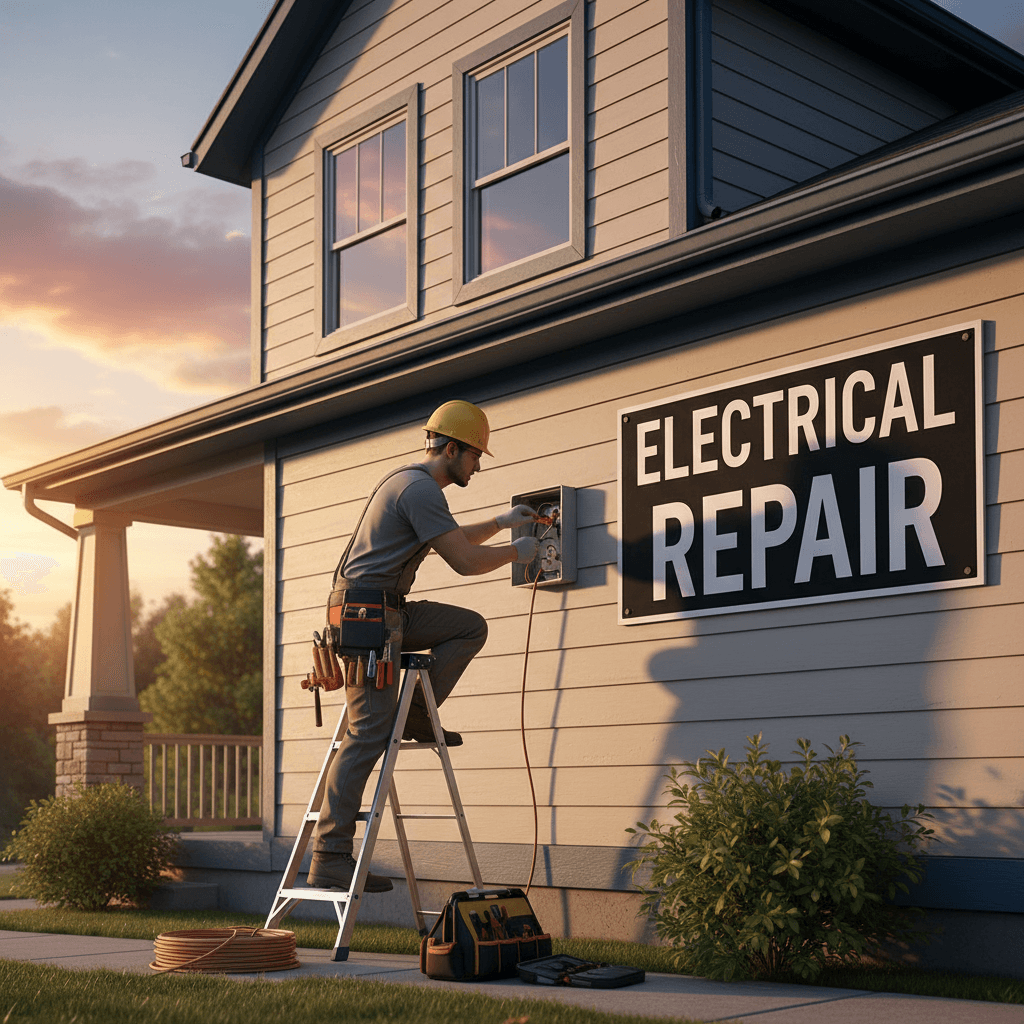Electrician repairing an outdoor electrical outlet on a house exterior