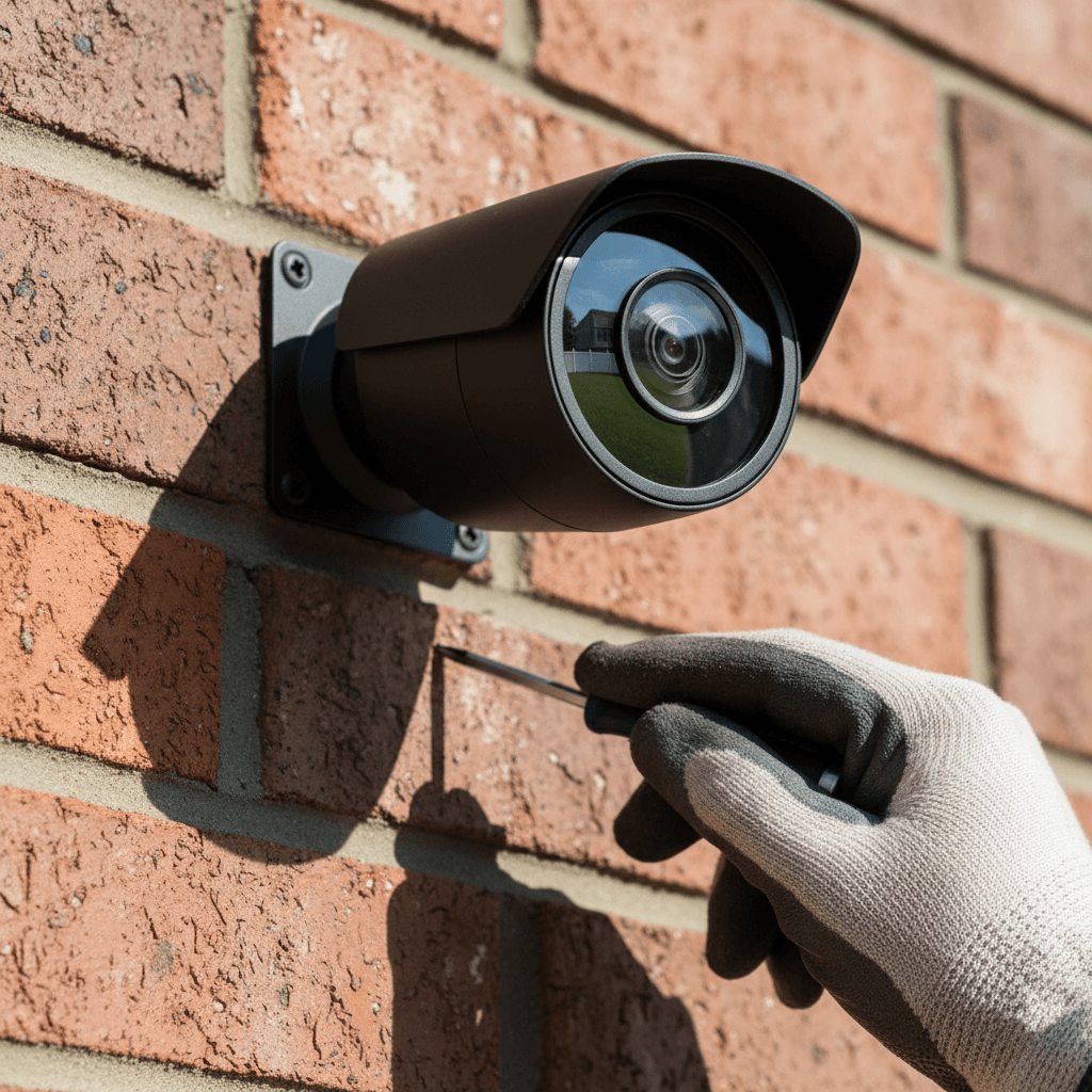 Technician installing security camera on brick wall