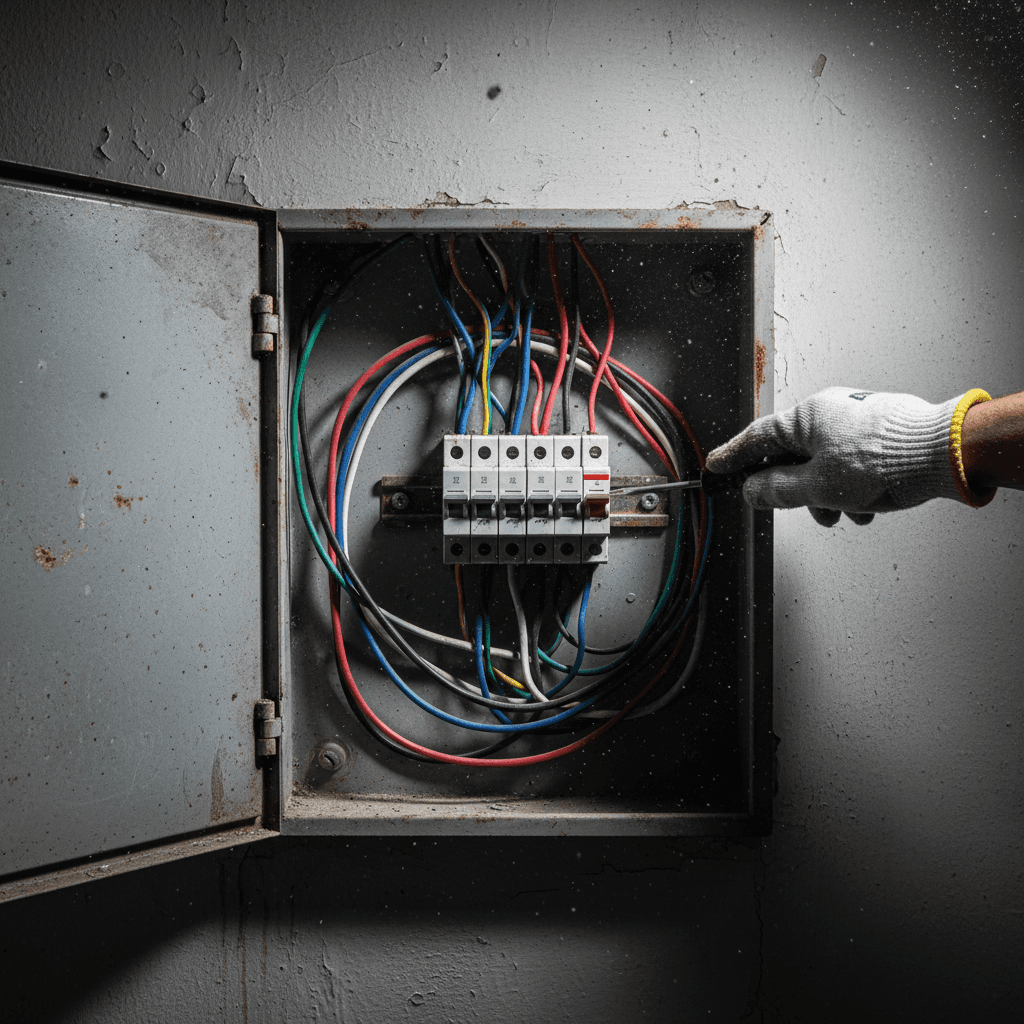 Open electrical panel with technician adjusting breaker