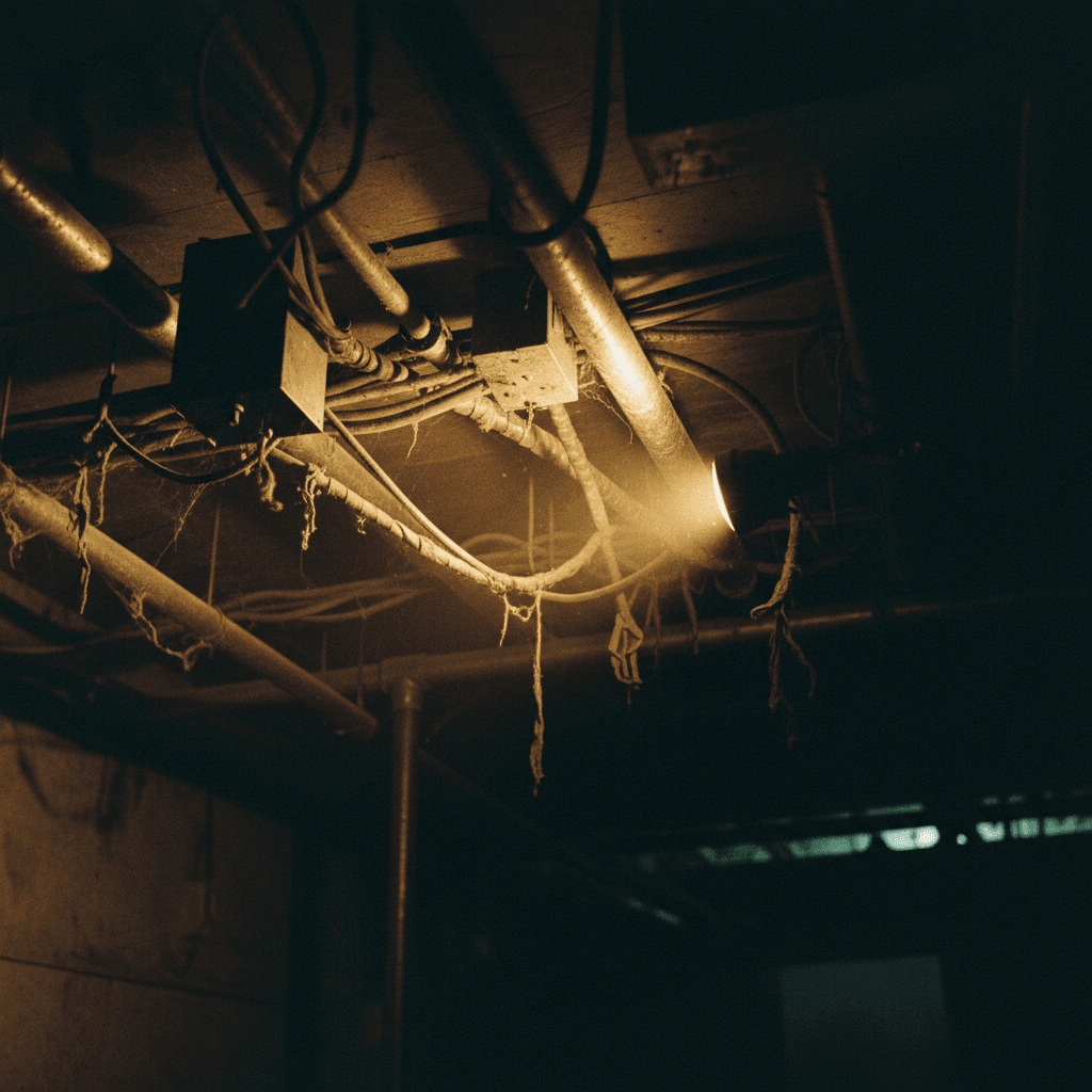 Flashlight beam on tangled wires in a dark basement ceiling
