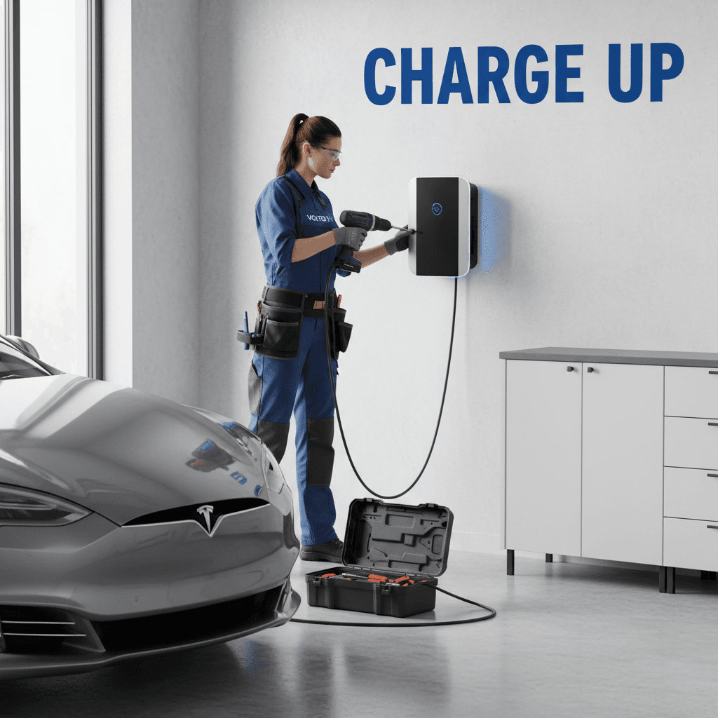 Electrician installing an EV charger in a modern garage