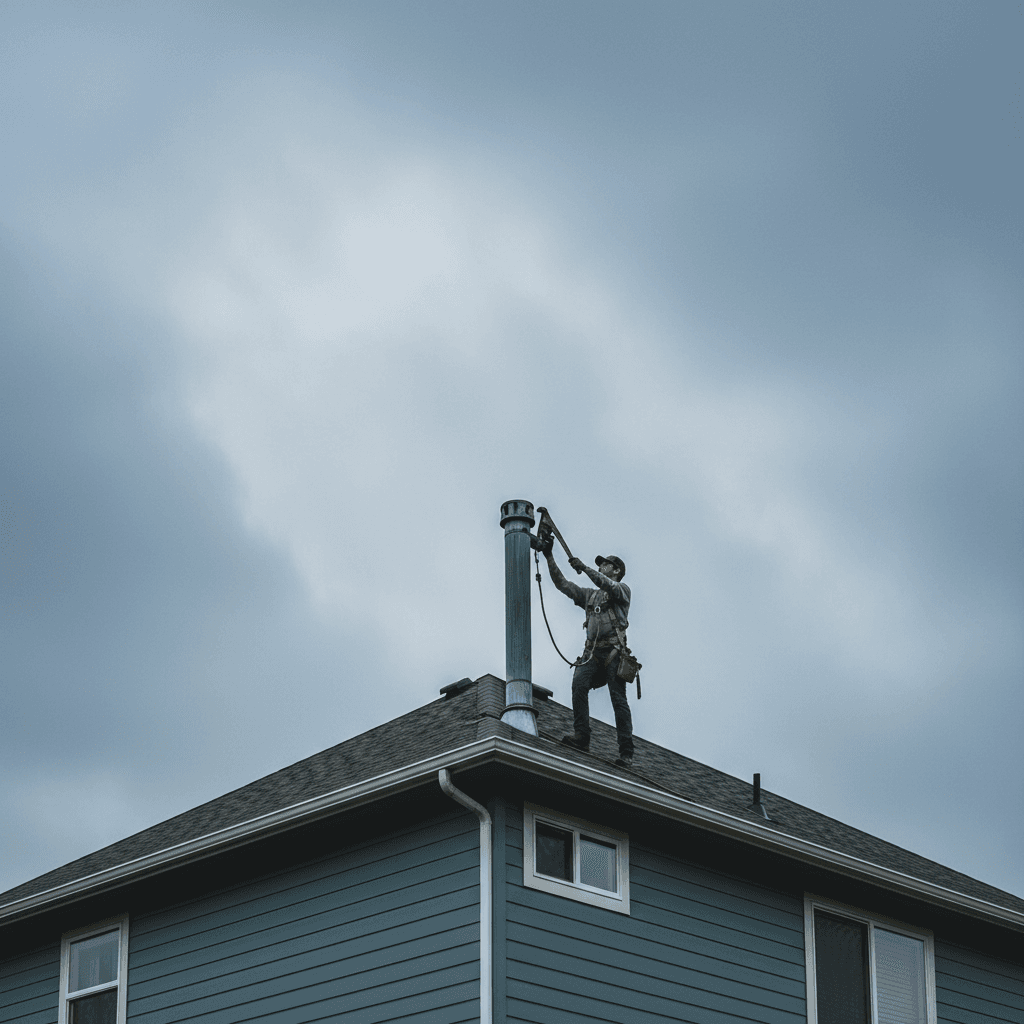 Electrician on a roof reaching toward the service head