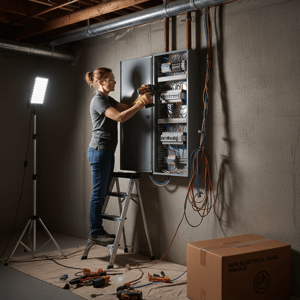 Professional electrician working on an electrical panel upgrade in a basement