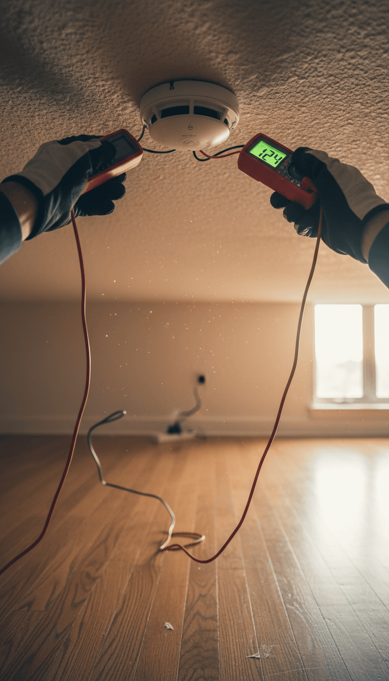 Electrician testing a smoke detector in a residential hallway