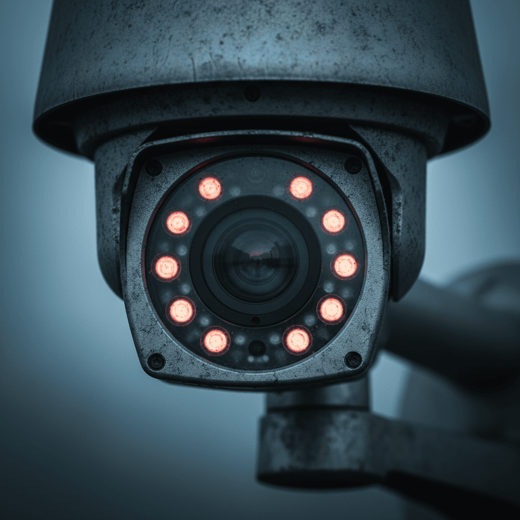 Security camera lens with IR LEDs glowing
