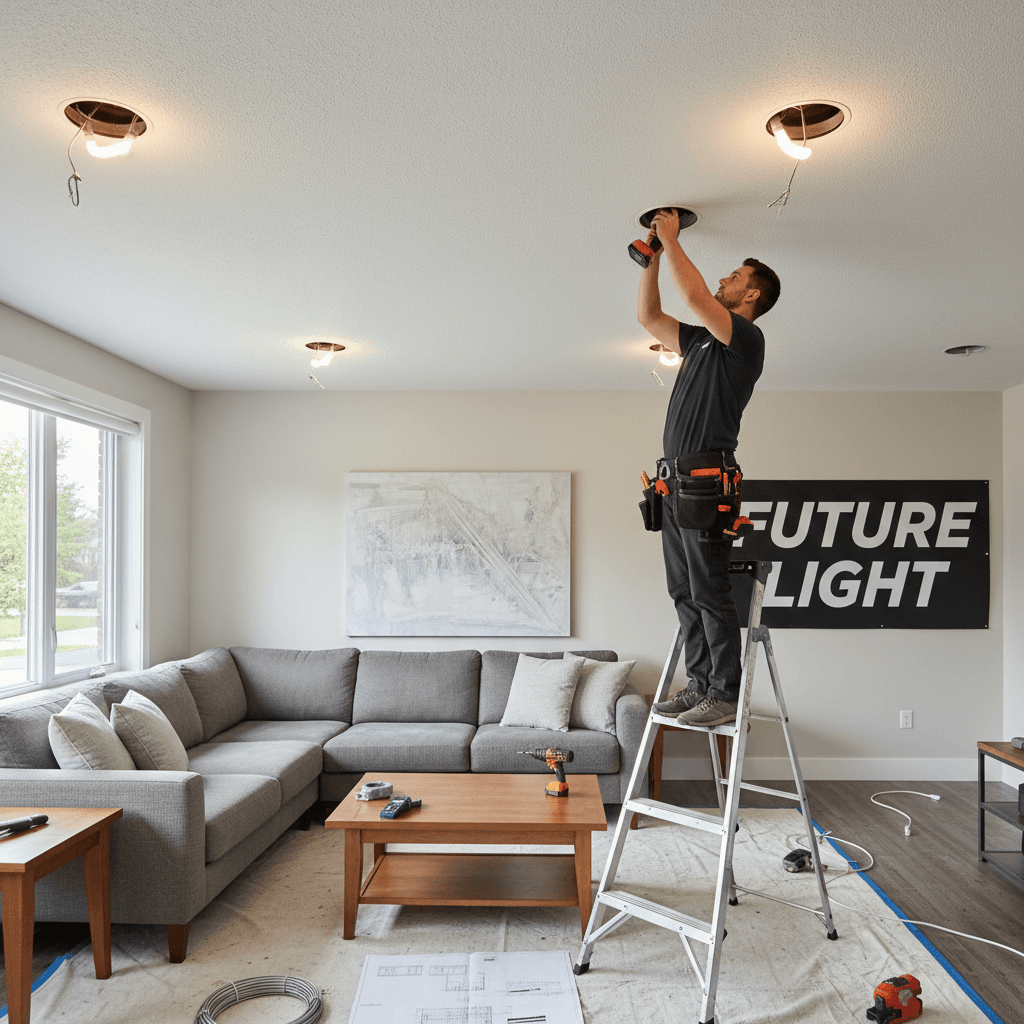 Electrician installing potlights in a residential living room ceiling
