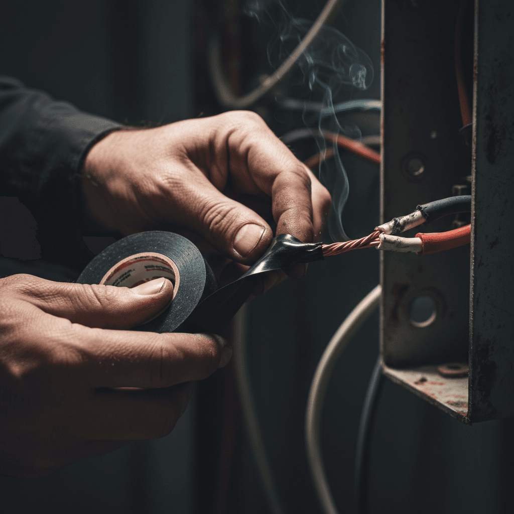 Electrician's hands taping a live wire in low light