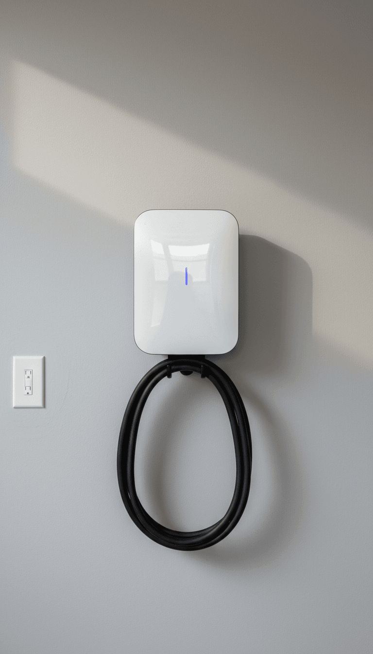 Level 2 EV charger installed on a garage wall with charging cable coiled below