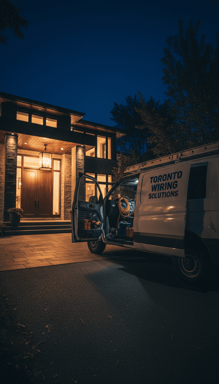 Electrician service van outside a house at night