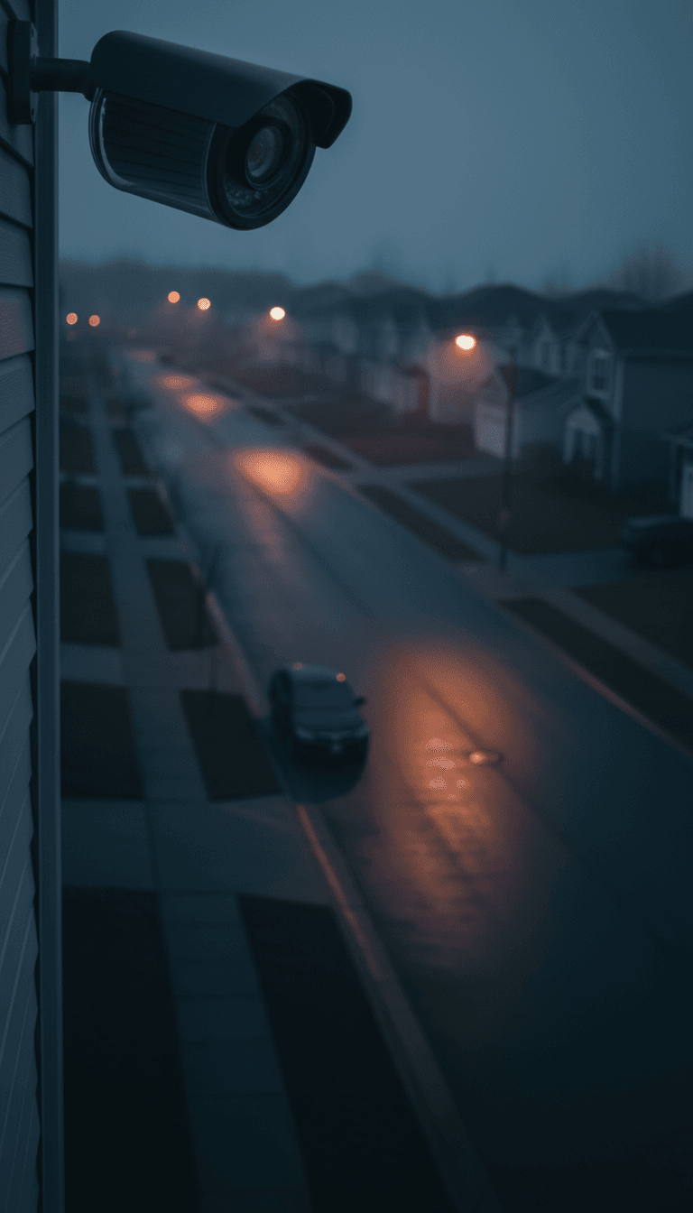 Security camera view of quiet residential street at dusk