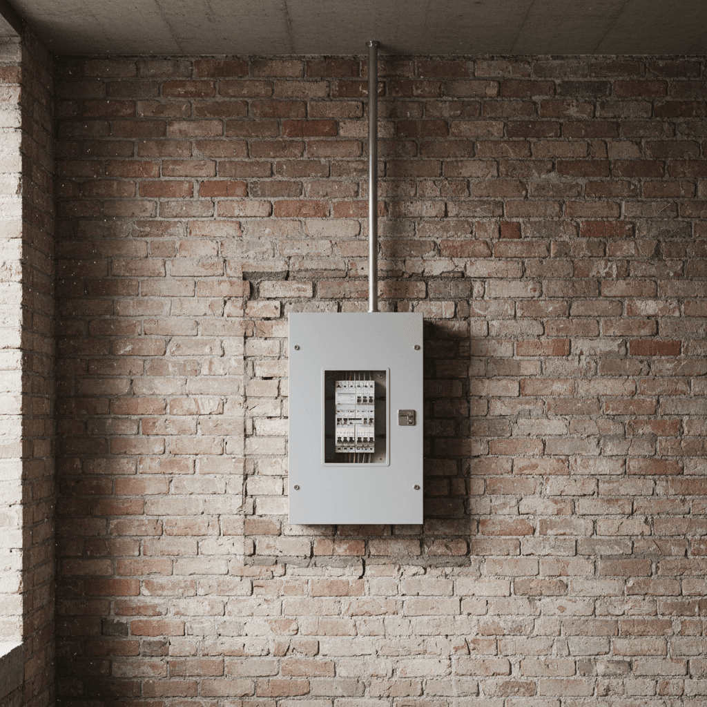 Newly installed commercial electrical panel on a brick wall