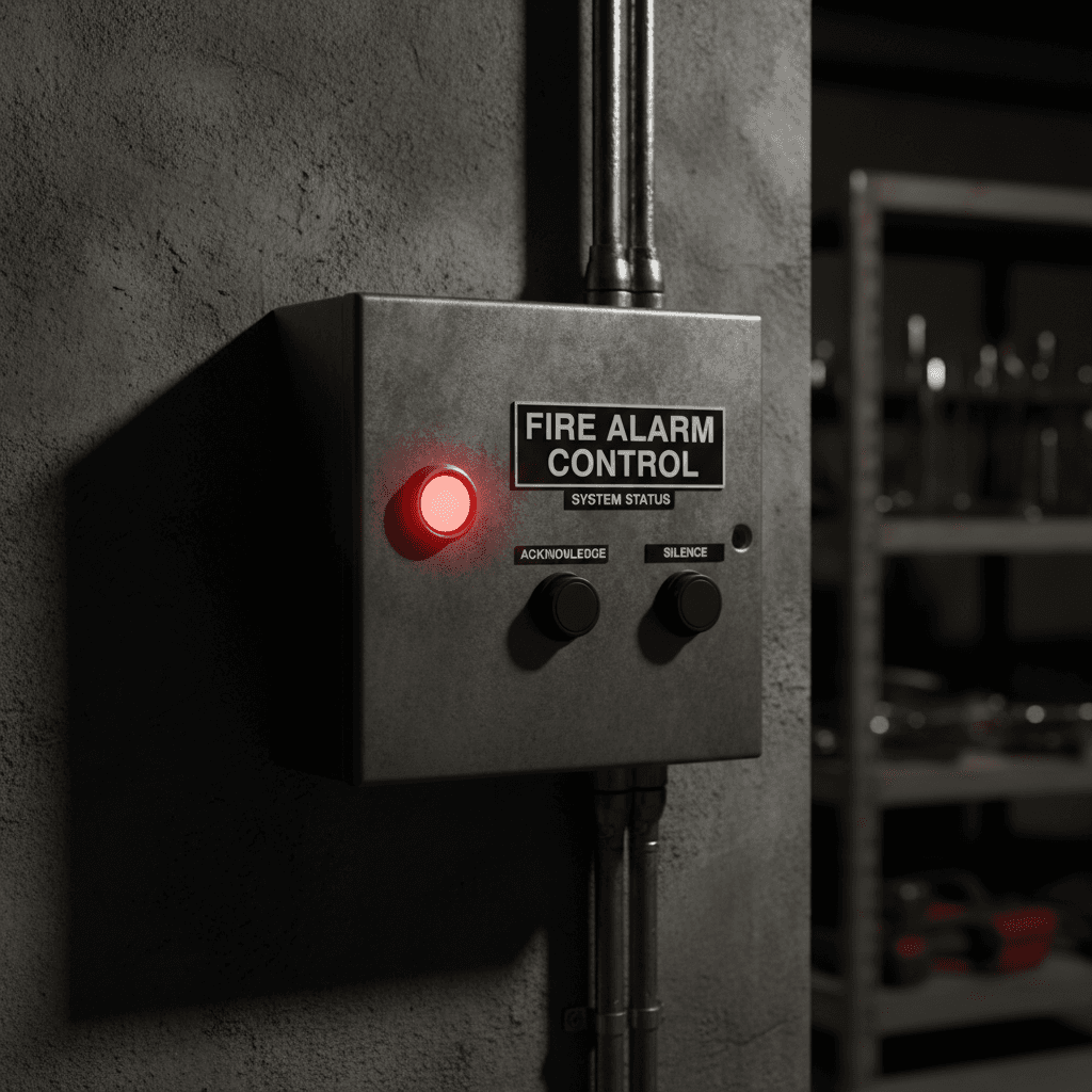 Fire alarm control panel with glowing red indicator light