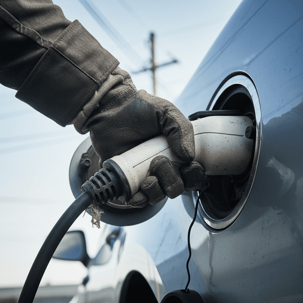 Hand plugging in an EV charger cable