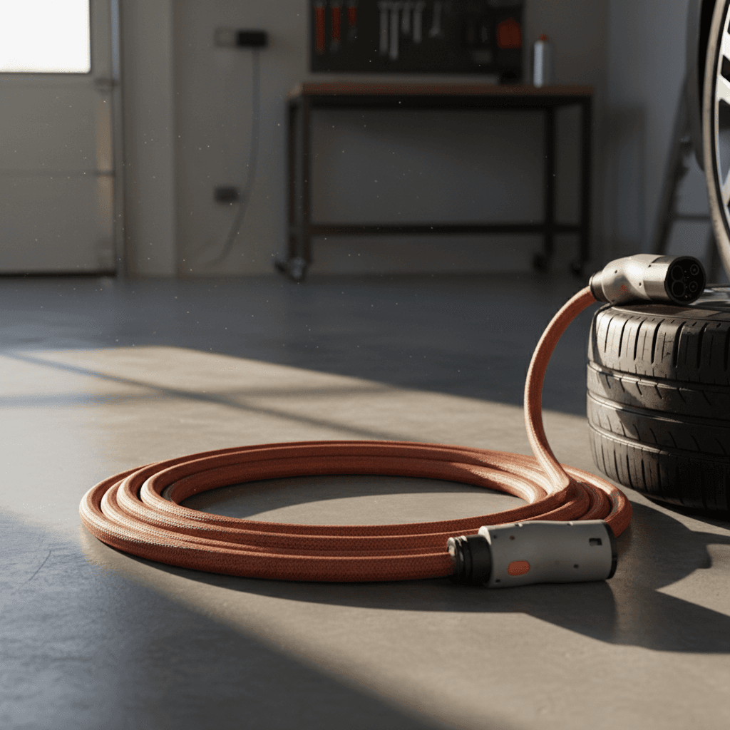 Thick EV charging cable coiled on garage floor