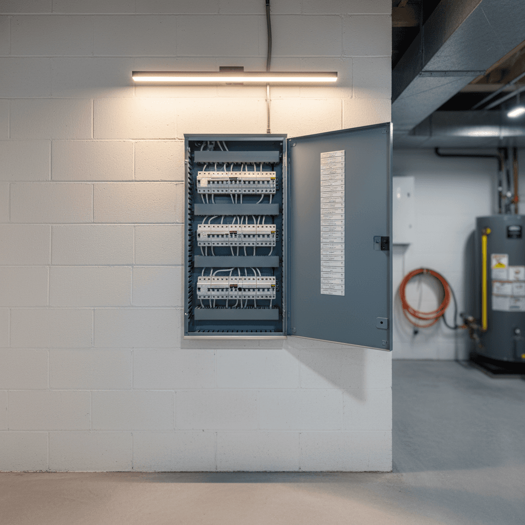 Modern electrical panel installed in a Toronto basement