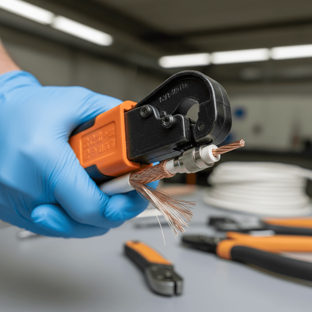 Hands terminating a coaxial cable connector