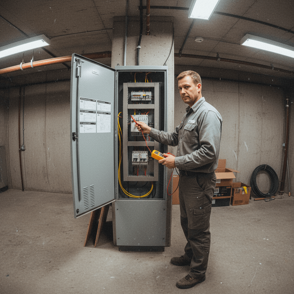 Electrician testing a commercial breaker panel with a multimeter