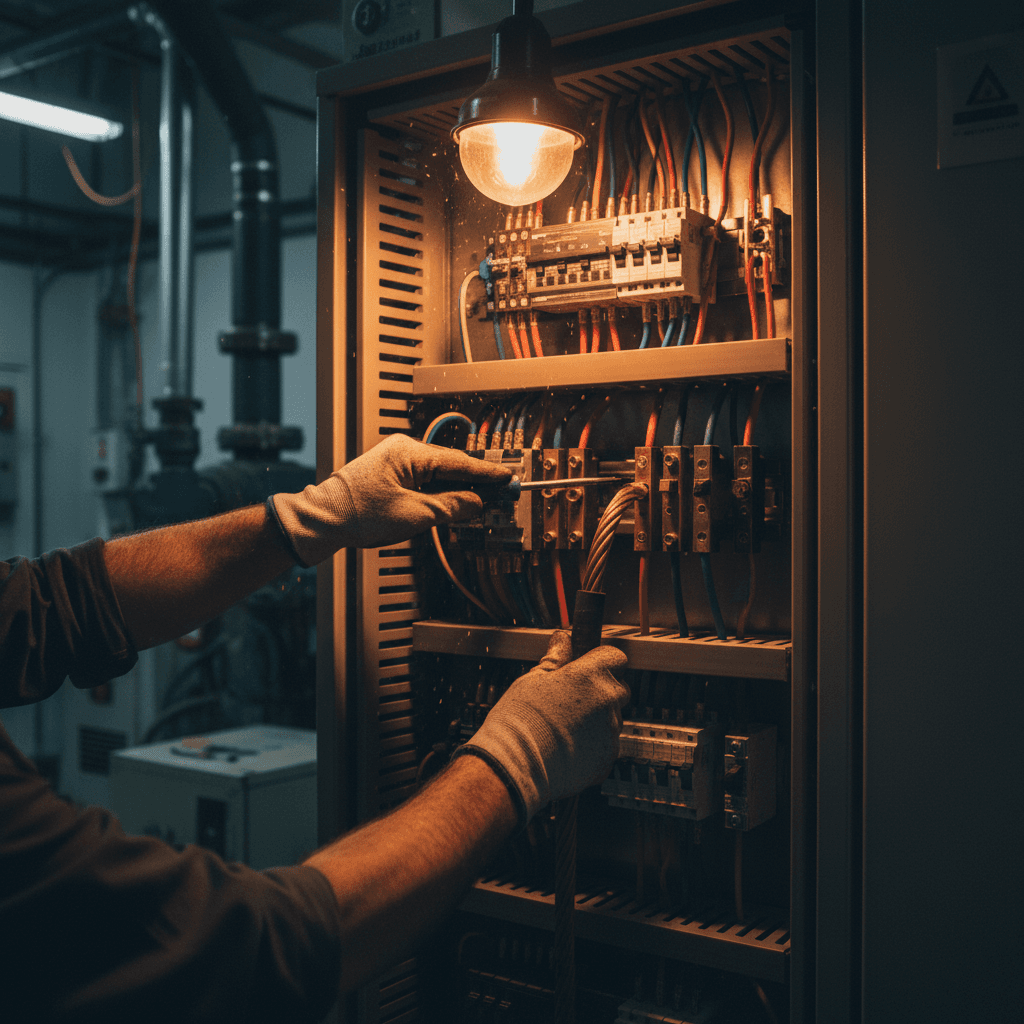 Electrician working inside a commercial electrical panel