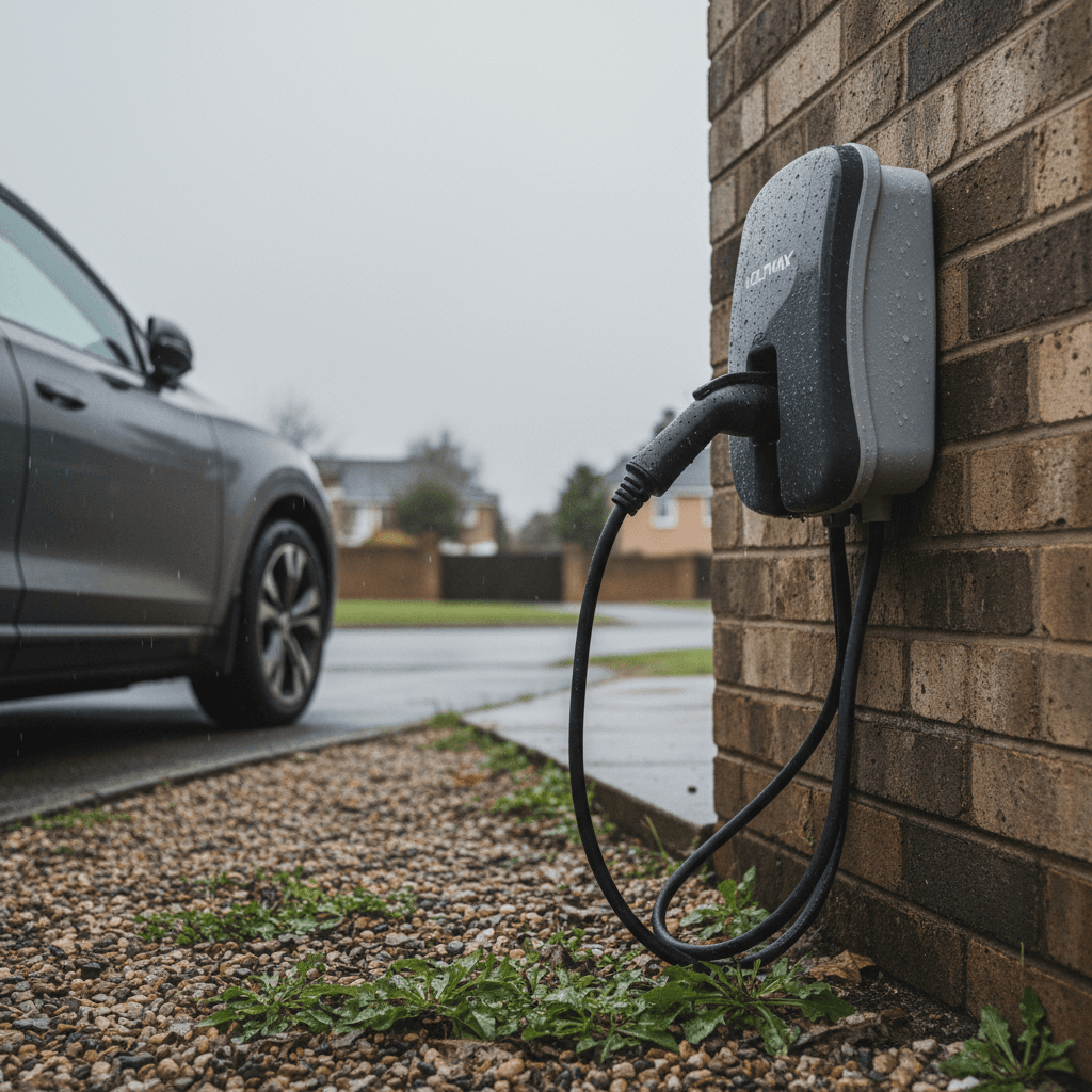 Outdoor EV charger mounted on brick wall