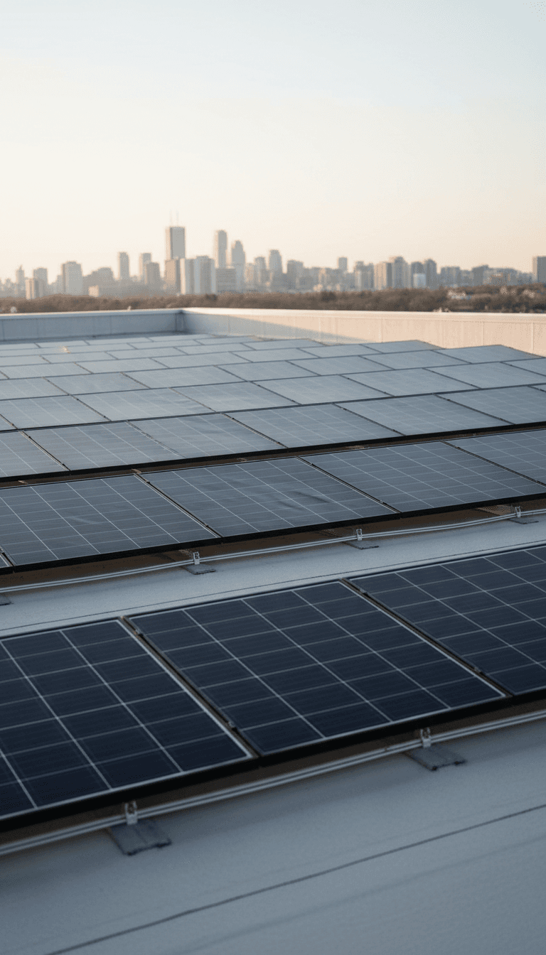 Completed solar panel array on a commercial building roof