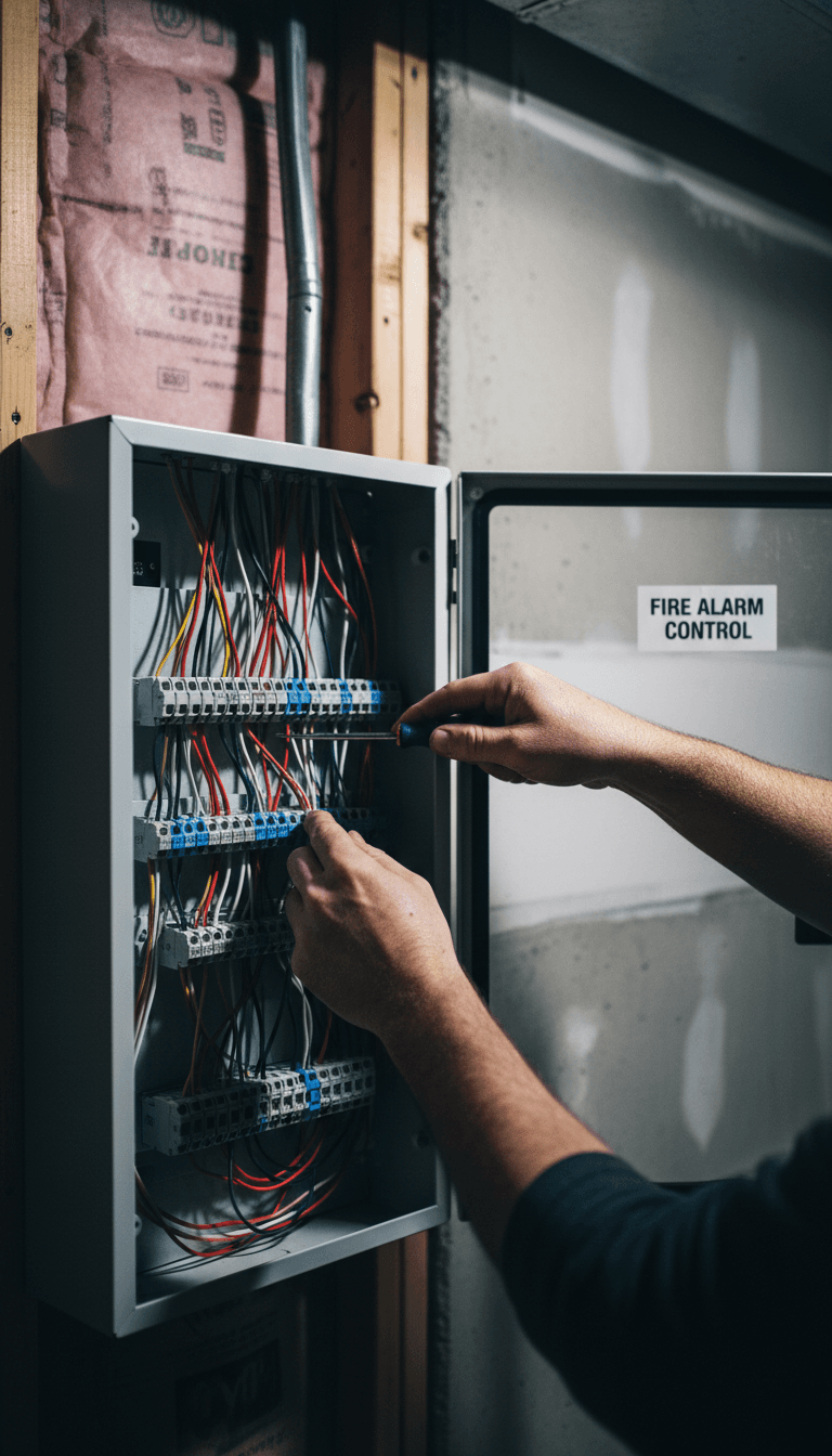 Electrician wiring a fire alarm control panel in a residential basement