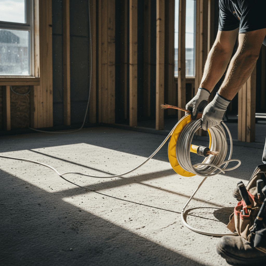 Electrician pulling wire in a new commercial build