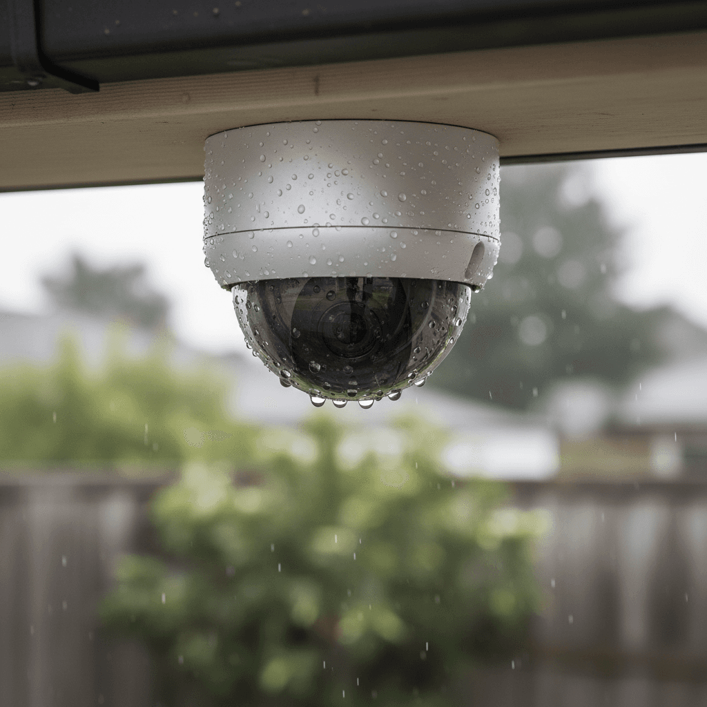 Dome camera mounted under an eave in rain