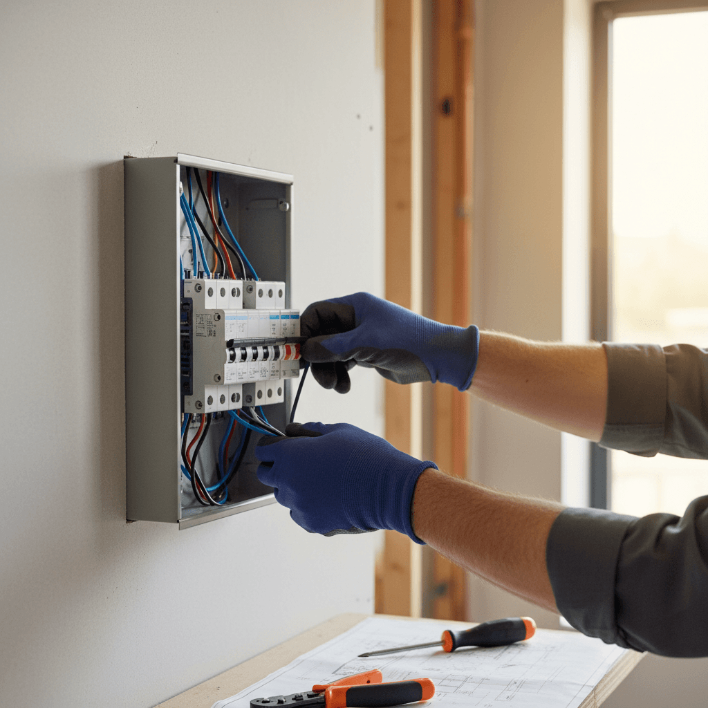 Electrician's hands wiring a residential electrical panel