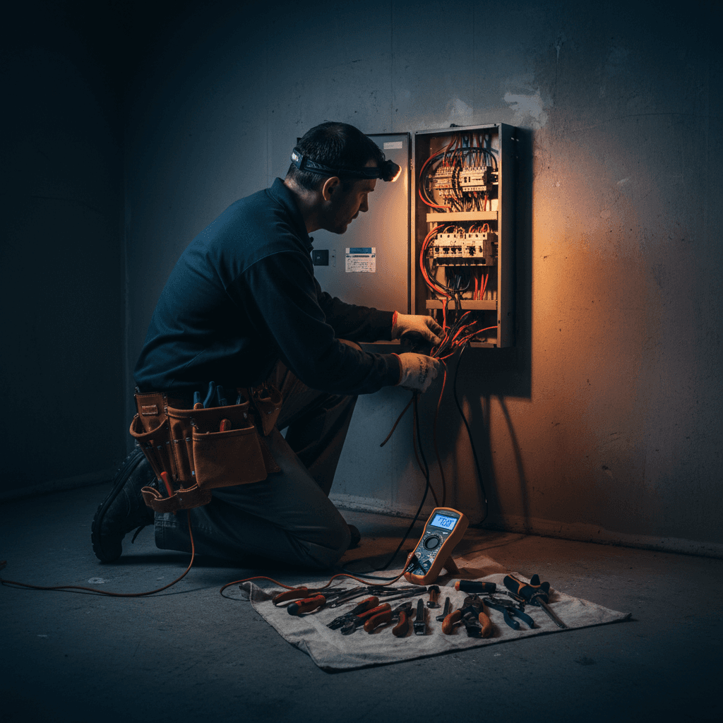 Electrician working on an electrical panel in a dimly lit basement
