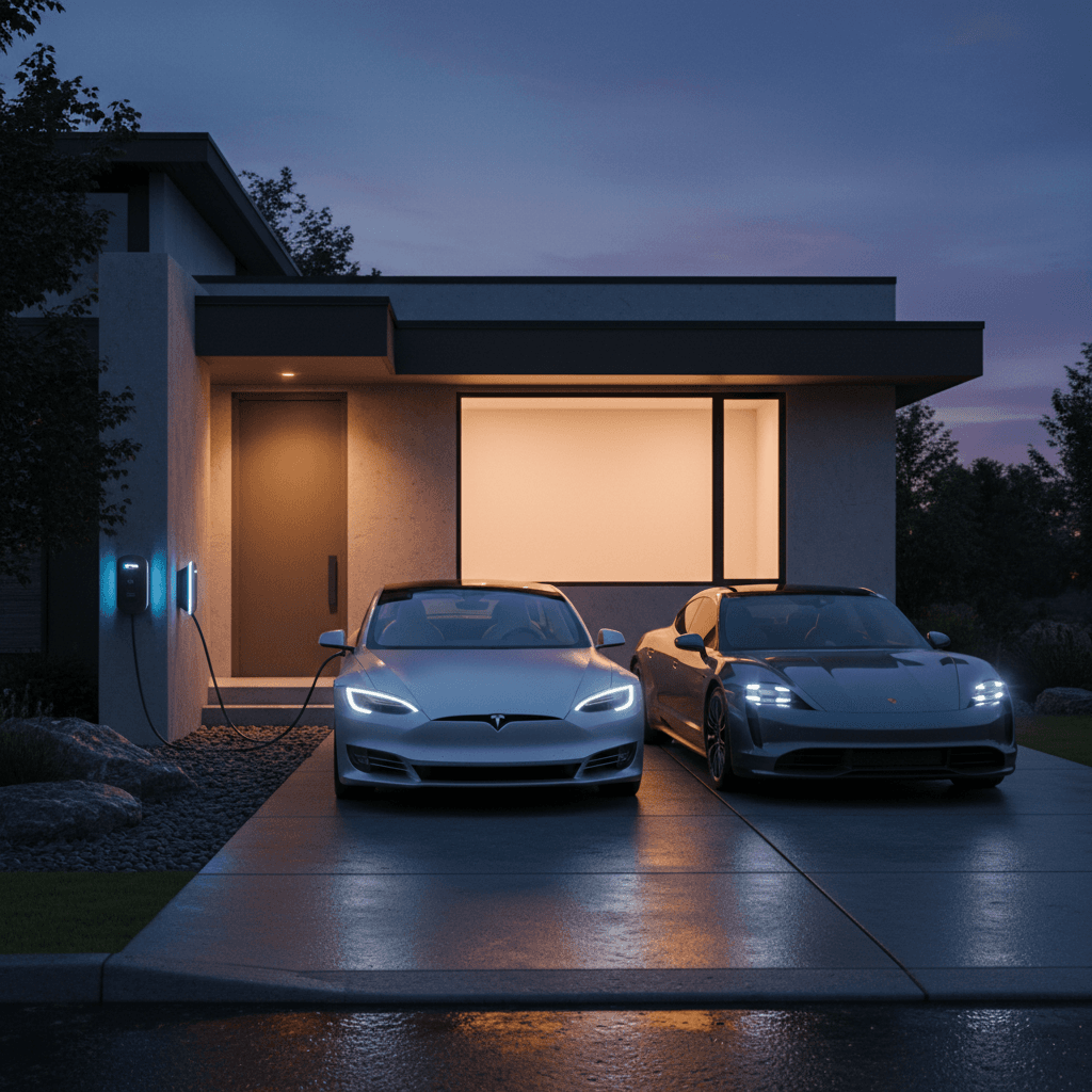 Two electric vehicles charging at a Markham home
