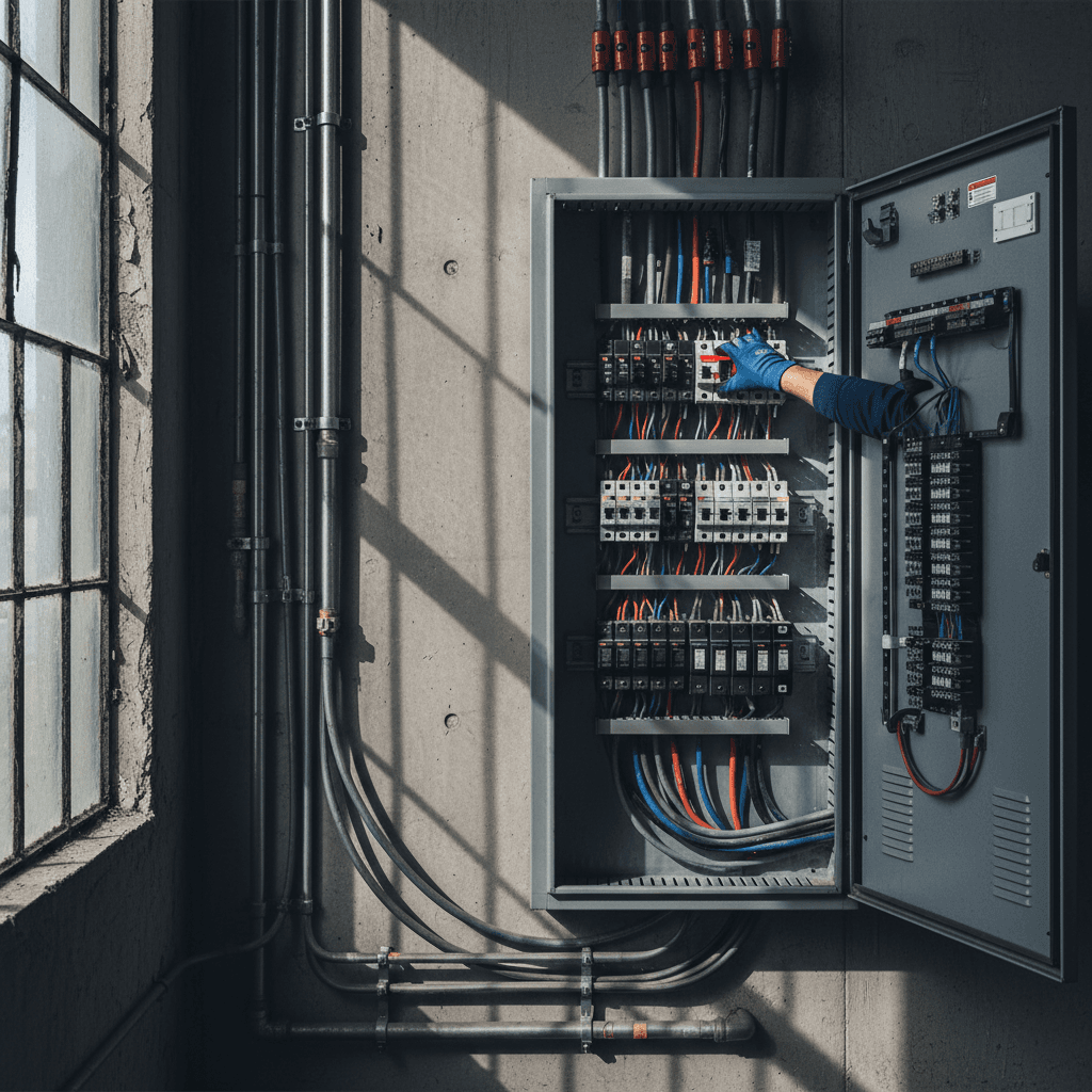 Electrician working on a commercial electrical panel in Toronto