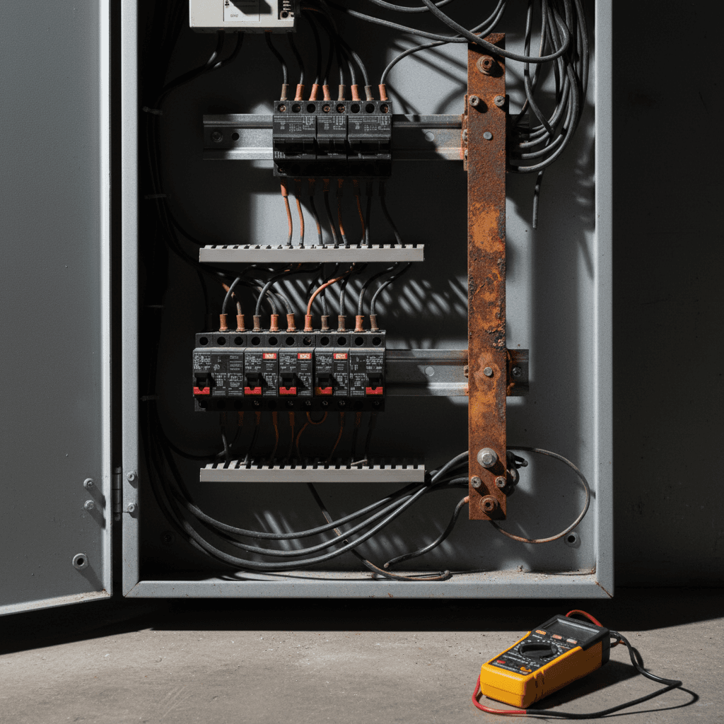 Open electrical panel with tripped breakers and scorch marks