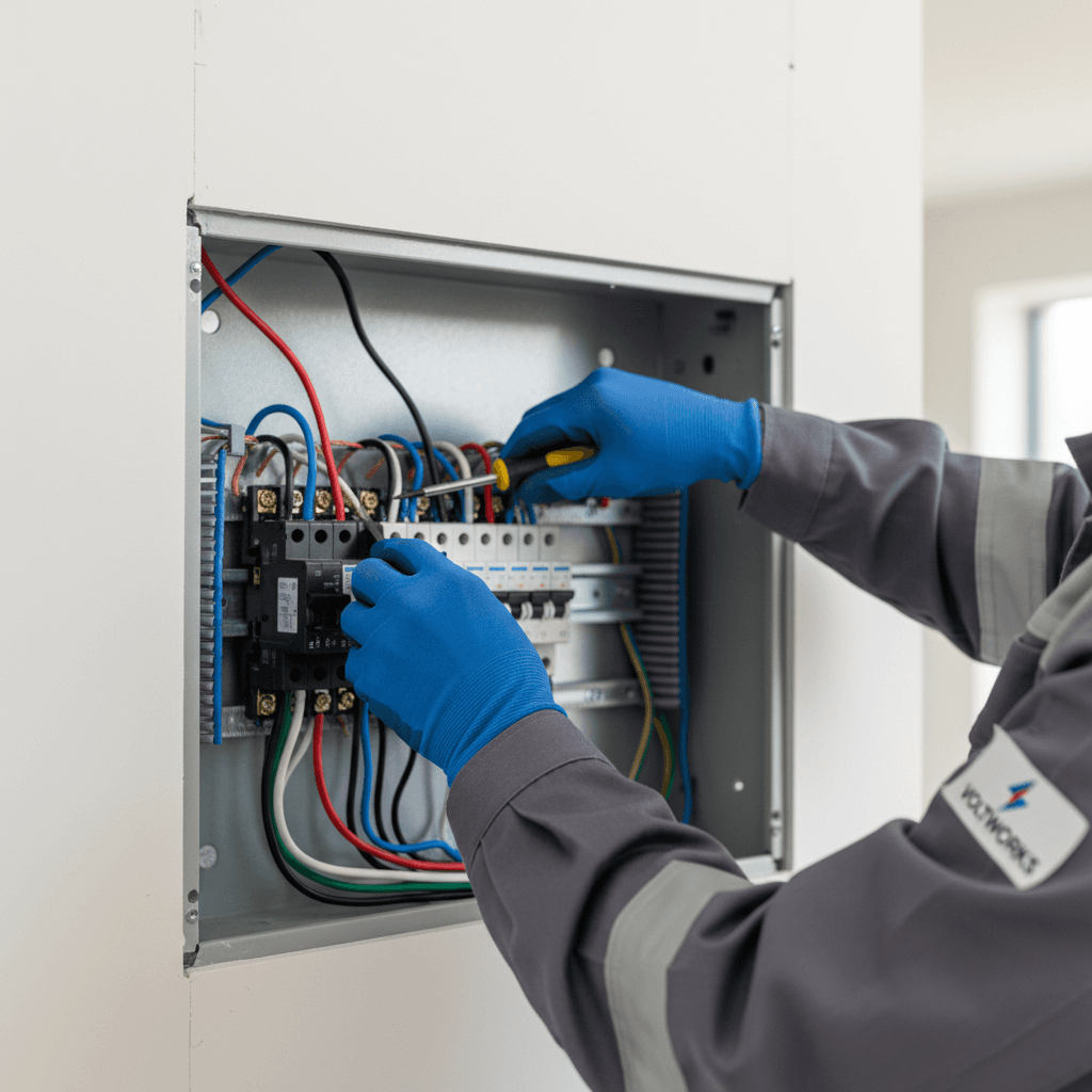 Licensed electrician installing electrical panel in a home
