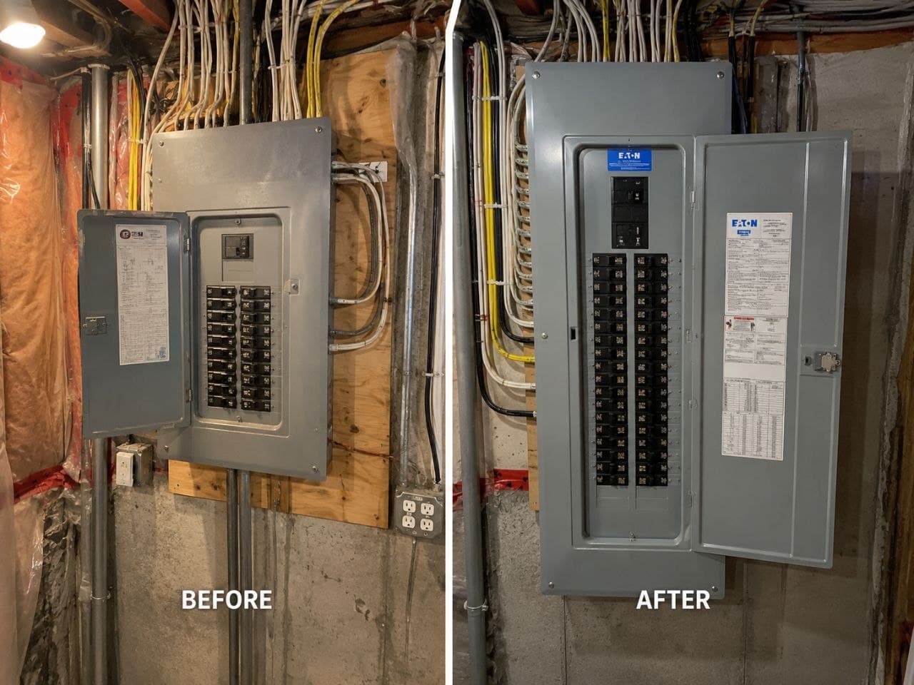 Before and after comparison of a cluttered electrical panel upgraded to a neat Eaton panel.