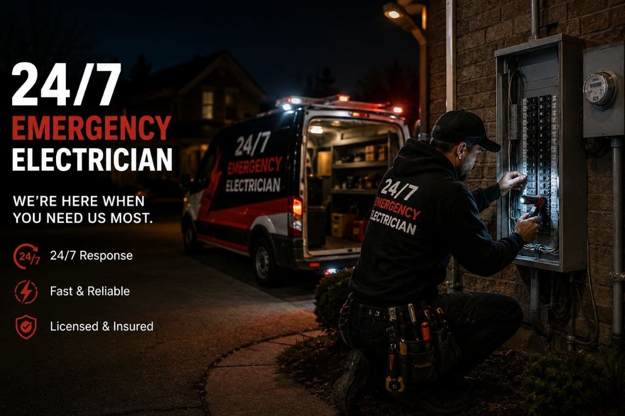 Electrician inspecting an outdoor breaker box at night beside a 24/7 emergency service van.