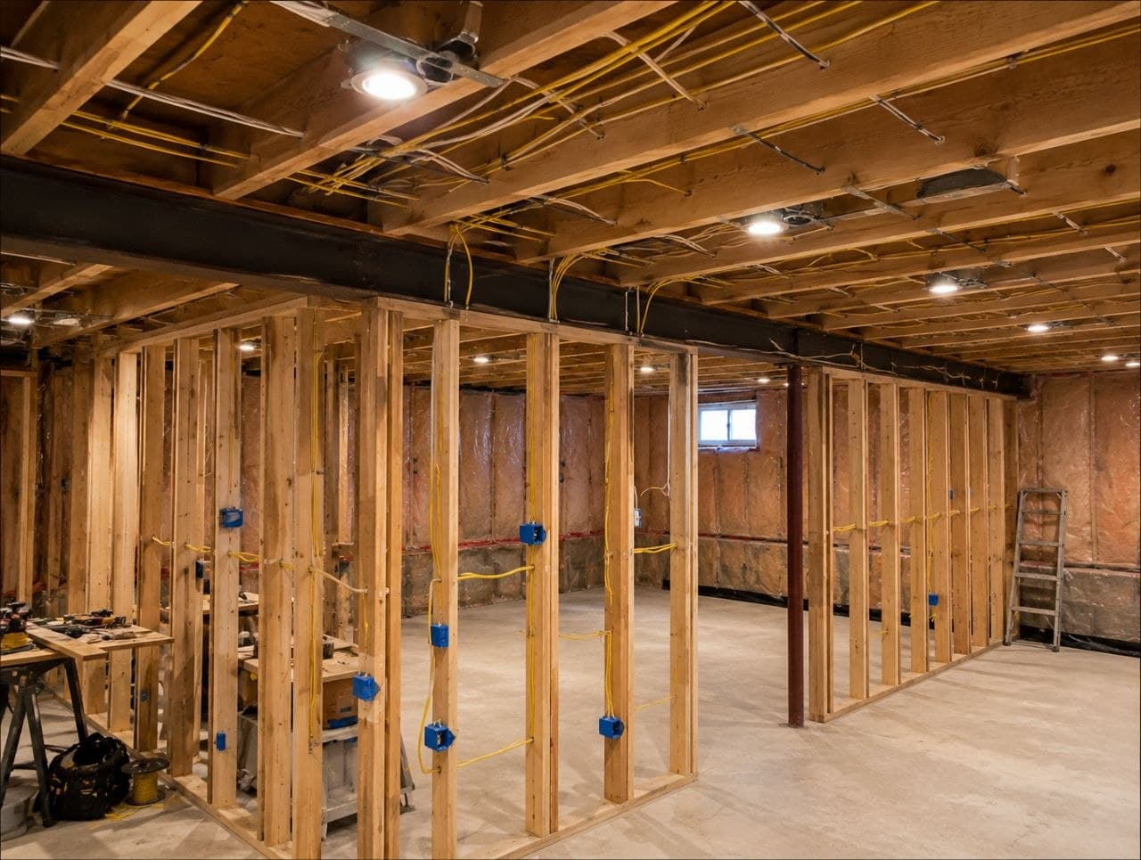Unfinished basement featuring wooden wall framing, yellow electrical wiring, and recessed ceiling lights.