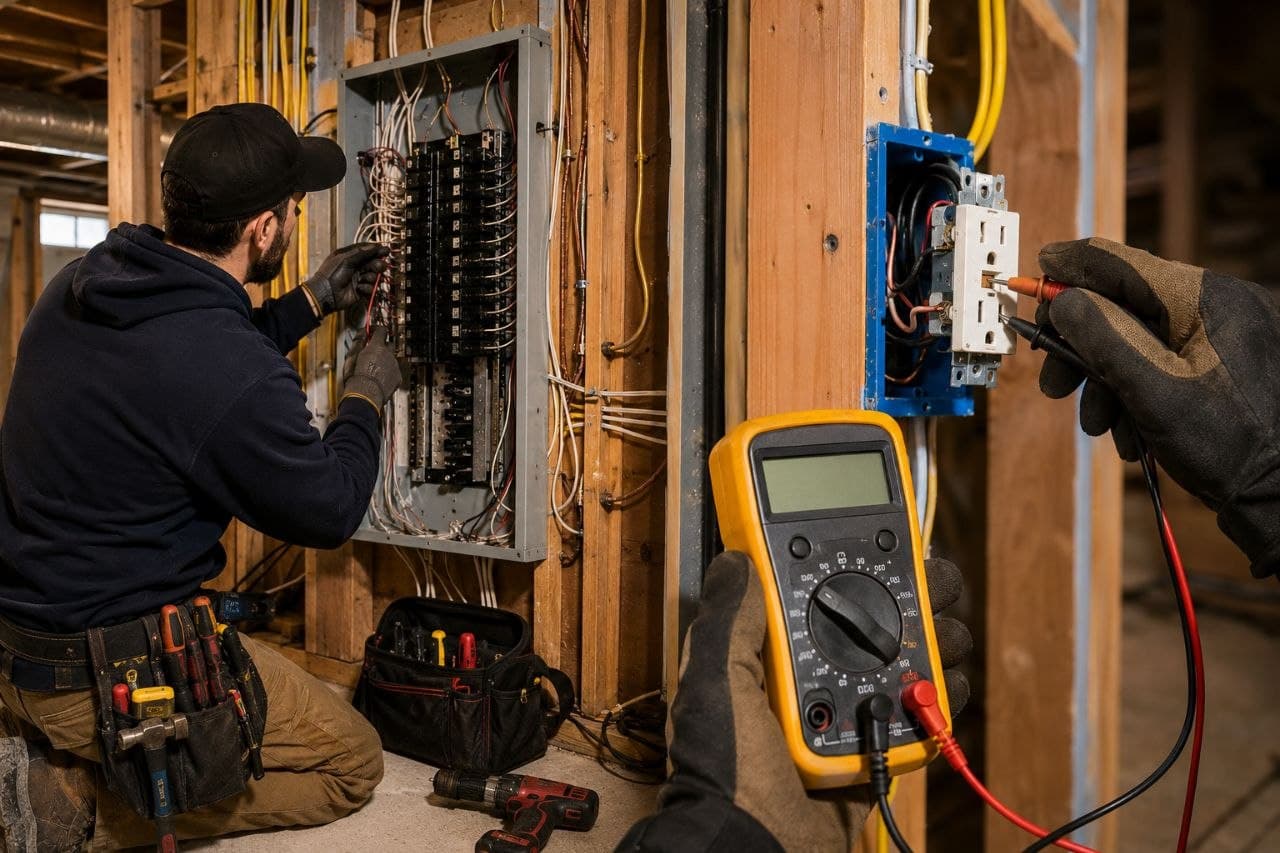 Electrician wiring a breaker panel while a technician tests a wall outlet with a multimeter.