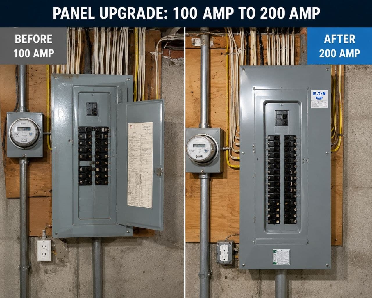 Side-by-side comparison of an electrical panel upgrade from a 100 amp to 200 amp system.