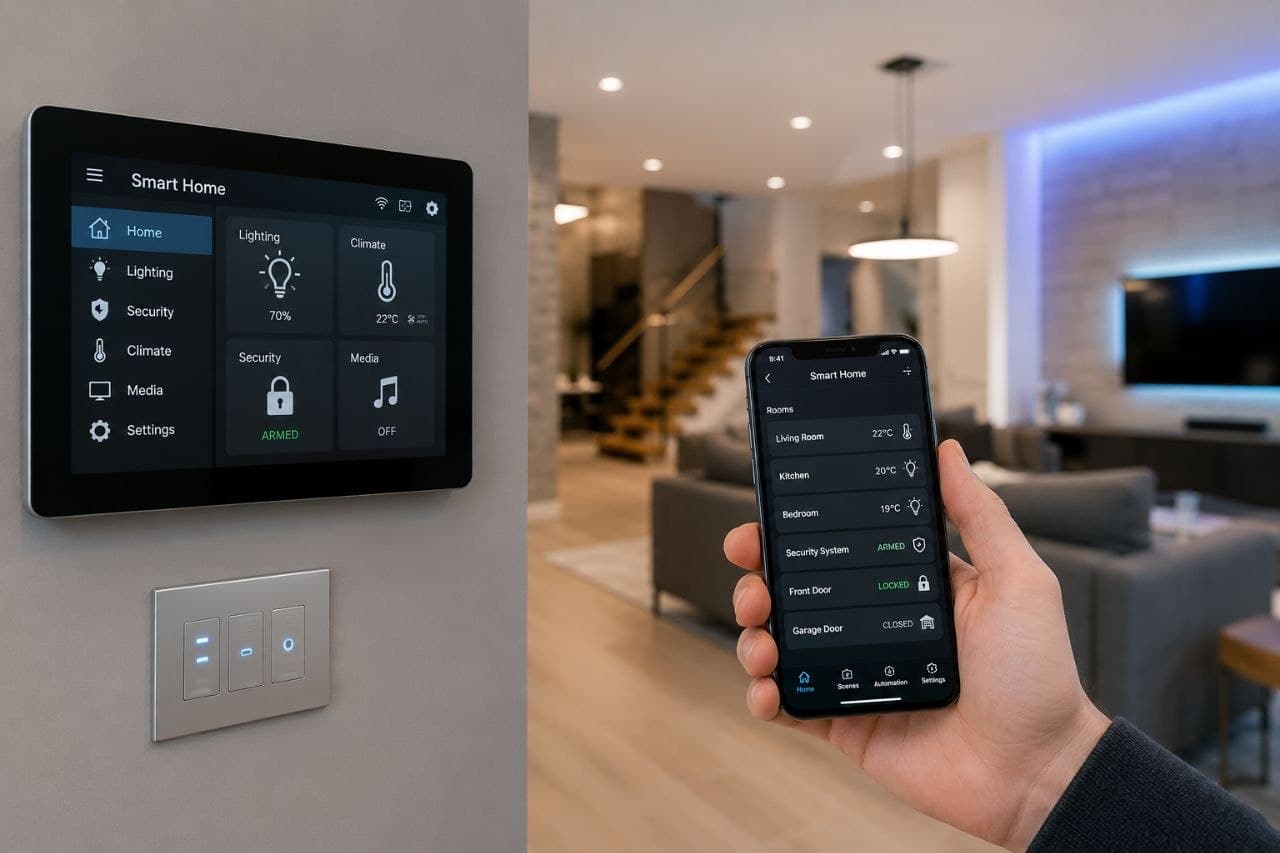 Smart home interface on a smartphone and wall-mounted tablet in a modern living room.